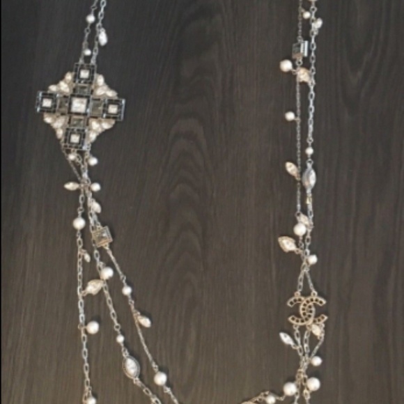 NWB Auth Chanel Silver Cross White Pearl Necklace - Picture 3 of 8